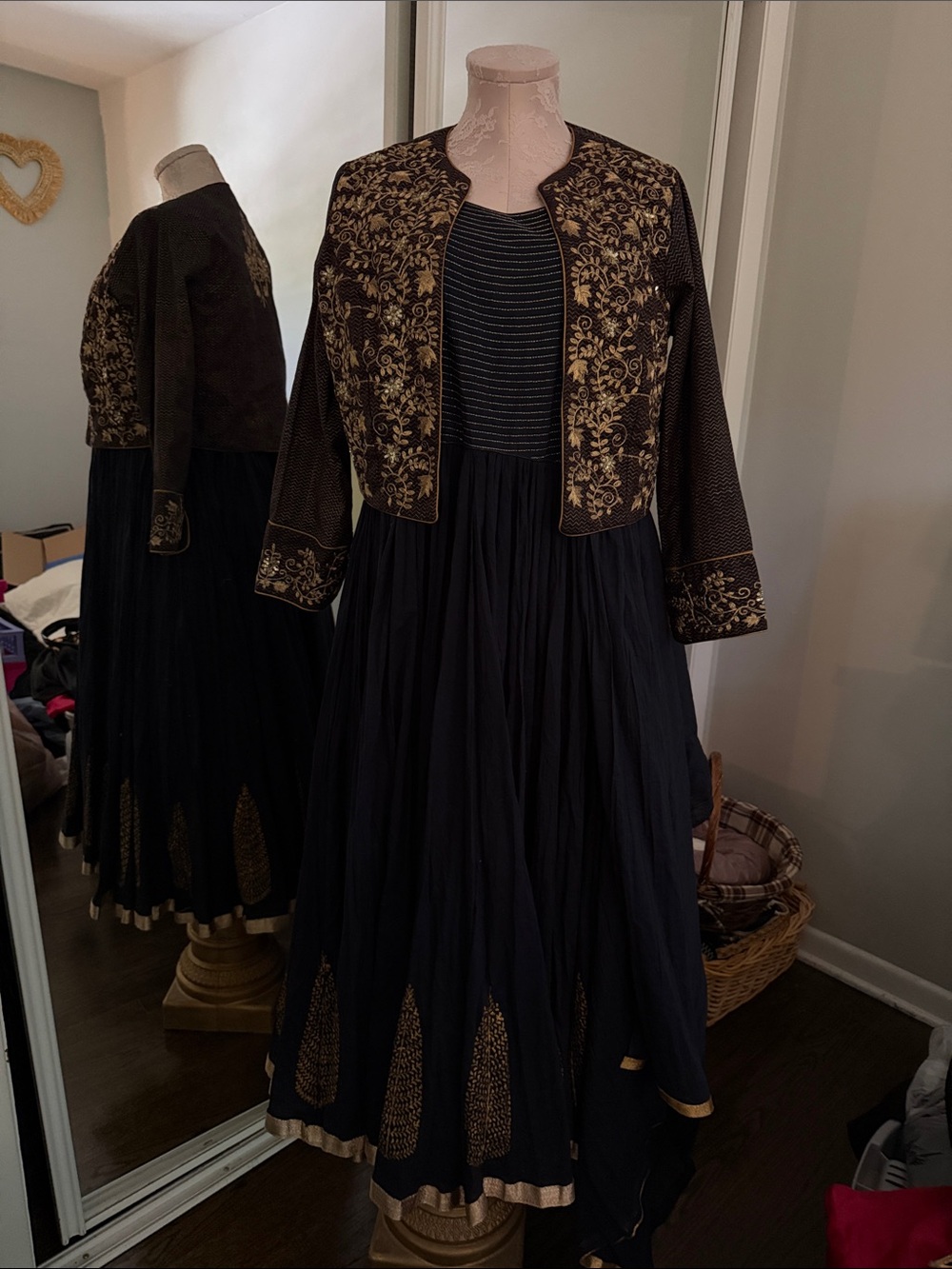 Biba Black and Gold Embroidered Crop Jacket with Matching Anarkali